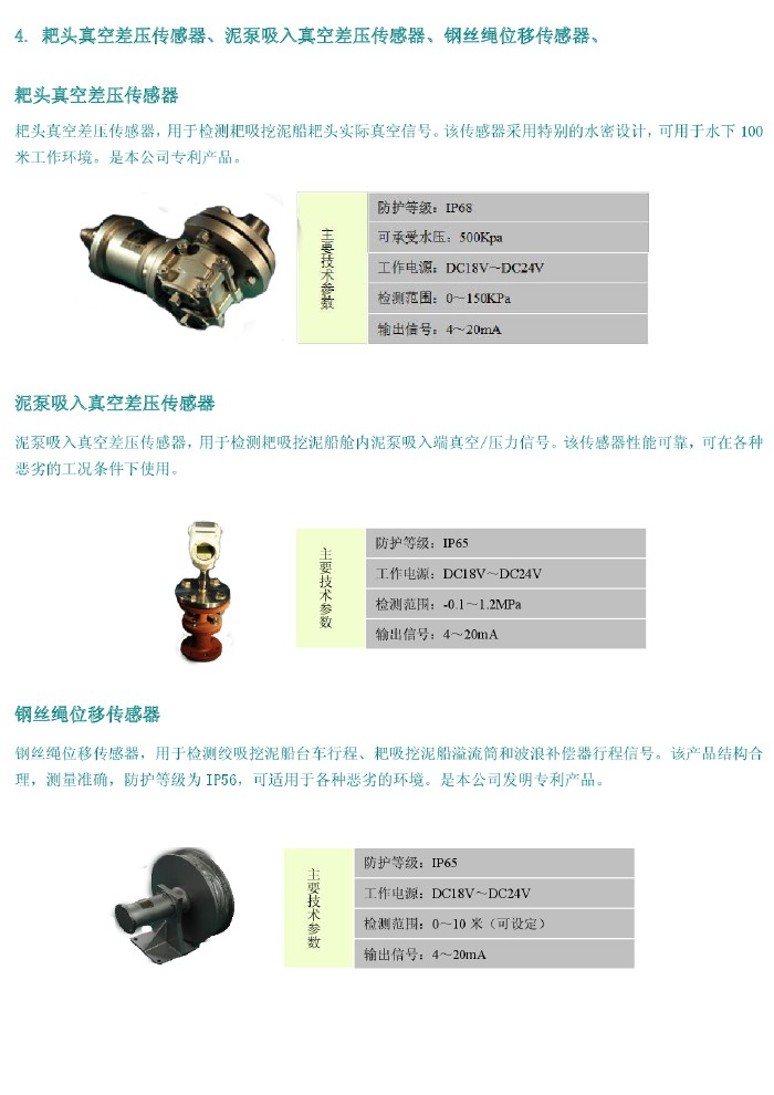 耙頭真空差壓傳感器、泥泵吸入真空差壓傳感器、鋼絲繩位移傳感器、